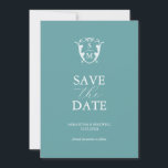 Reserve A Data Monograma Simples Azul Salve a Data<br><div class="desc">Anuncie o seu noivado com este moderno cartão de aviso de casamento. Ele apresenta uma mistura de tipografia clássica e de caligrafia em branco sobre um fundo azul-turquesa sólido. Insira o monograma da noiva e do noivo no centro de um brasão. Todas as cores podem ser personalizadas para combinar com...</div>