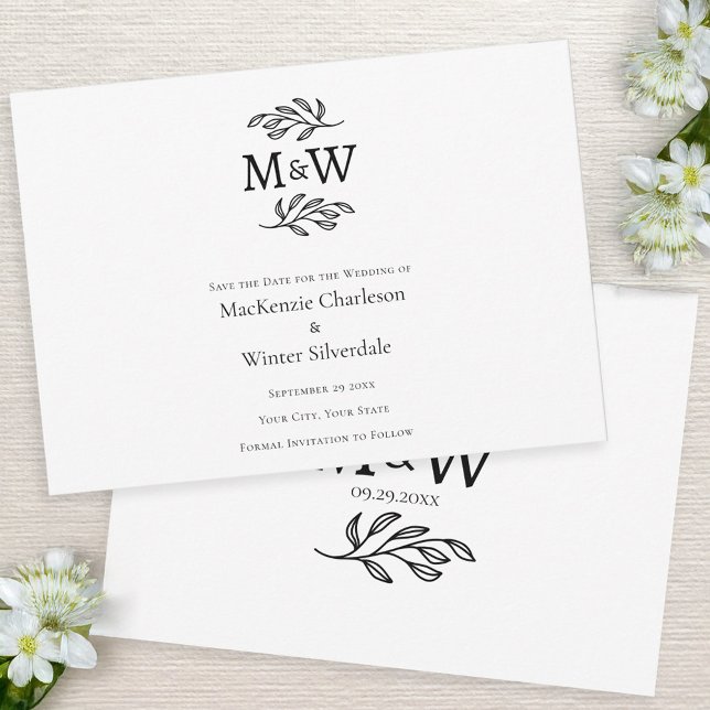 Reserve A Data Monograma Simples de Casal de Casamento Mínimo (Modern elegant save the date wedding invitations with couple monogram initials & botanical line art)