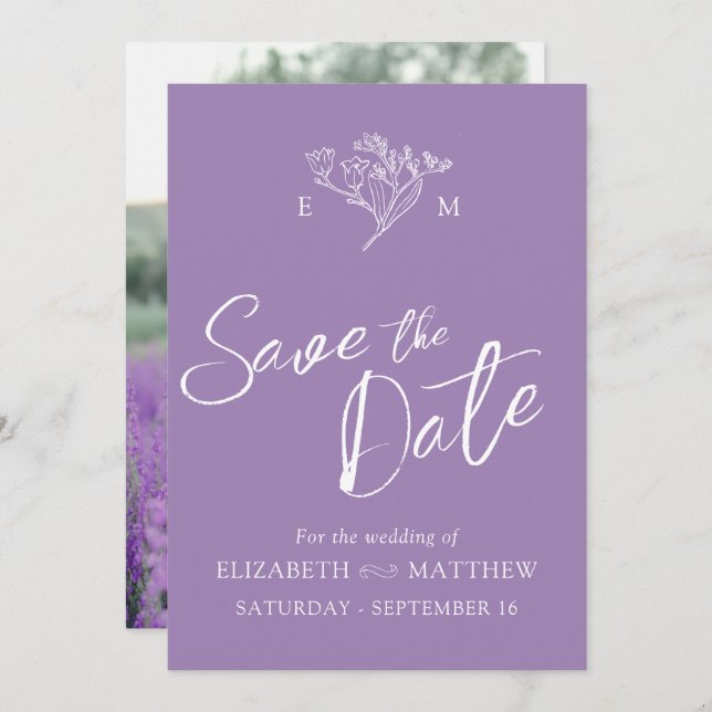 Reserve A Data Monograma simples de flor selvagem desenhando foto (Frente/Verso)