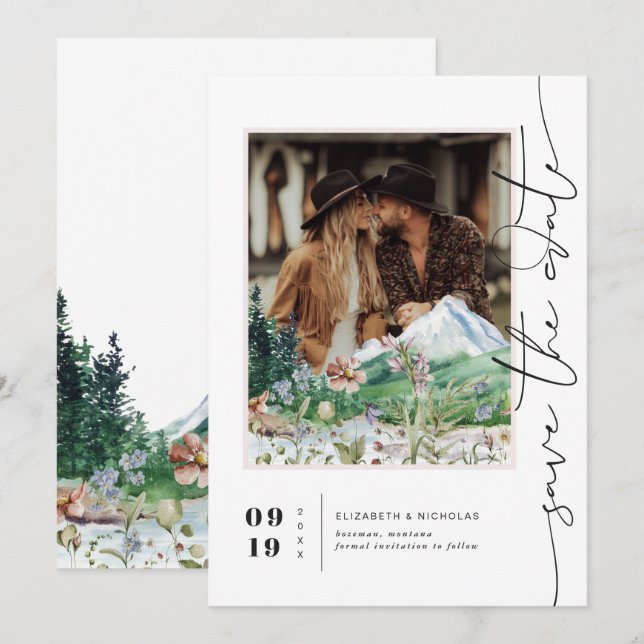 Reserve A Data Montanha Boho Flor Silvestre | Foto Salvar Data (Frente/Verso)