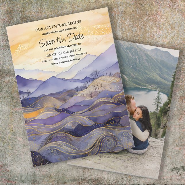 Reserve A Data Montanha de Ouro Roxo Foto do Casamento Data de Sa (Purple and gold mountain wedding Save the Date photo card)