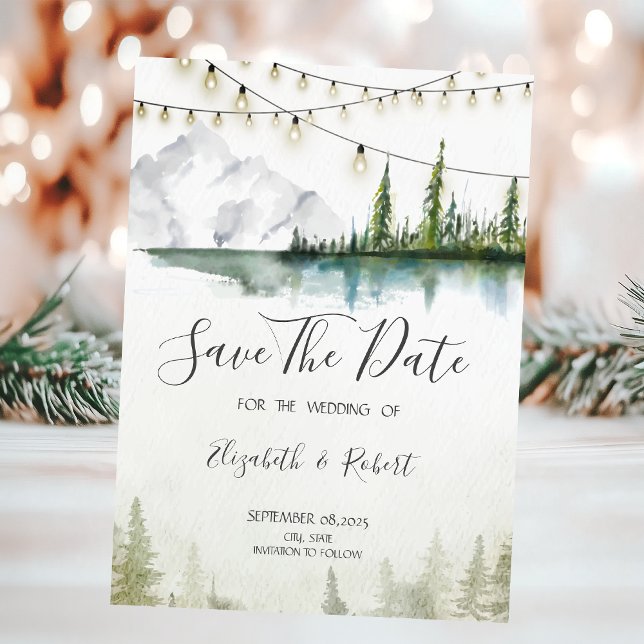 Reserve A Data Montanha, Floresta, Lago, Luzes Chic Save The Date (Criador carregado)