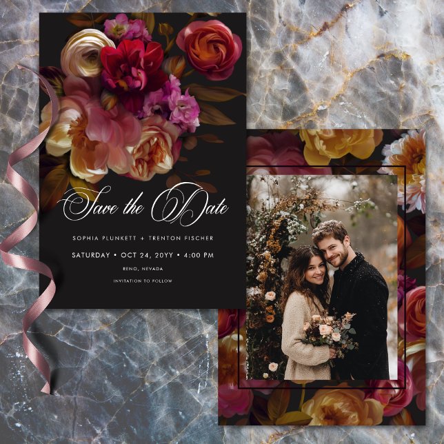 Reserve A Data Moody Black Floral Painterly Red Burgundy Photo (Moody Black Floral Painterly Red Burgundy Photo Save The Date)
