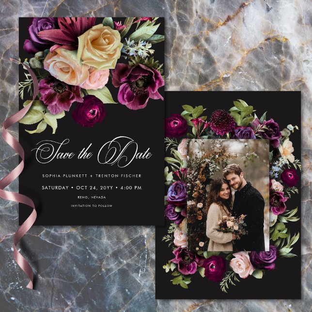 Reserve A Data Moody Dark Floral Black Burgundy Romantic Photo (Moody Dark Floral Black Burgundy Romantic Photo Wedding Save The Date)