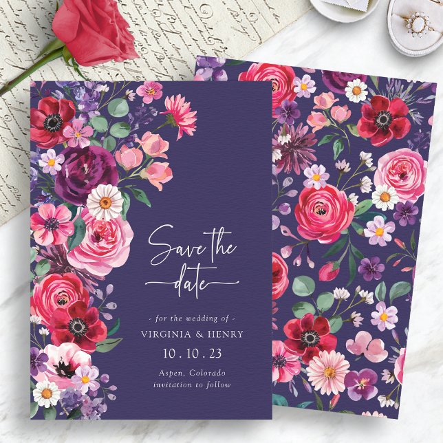 Reserve A Data Moody Floral (Moody Navy Blue Floral Save The Date Card by Painted Paperie
)