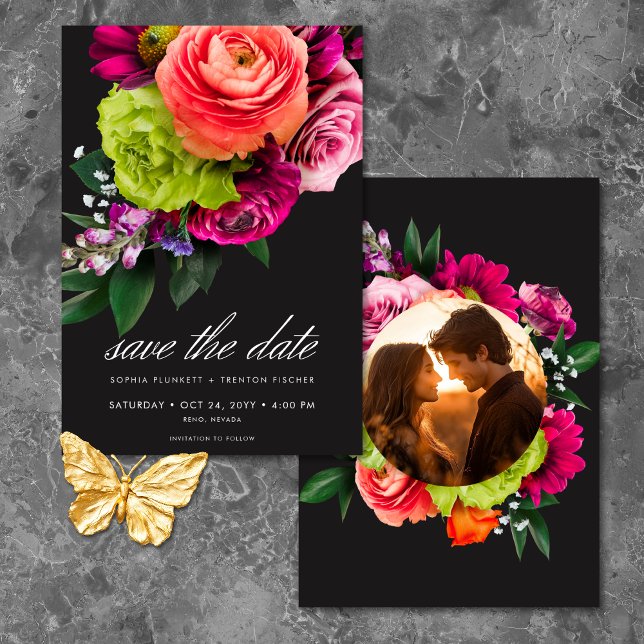 Reserve A Data Moody Luxe Floral Vibrant Pink Black Photo Wedding (Moody Luxe Floral Vibrant Pink Black Photo Wedding Save The Date)