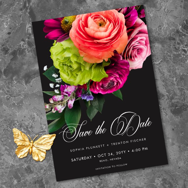 Reserve A Data Moody Luxe Floral Vibrant Pink Black Wedding (Moody Luxe Floral Vibrant Pink Black Wedding Save The Date)