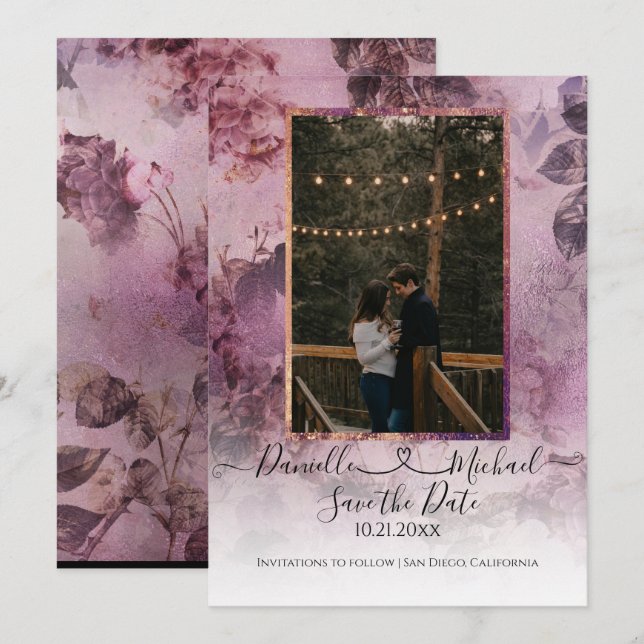 Reserve A Data Moody Modern Floral Purple Script Heart Foto (Frente/Verso)