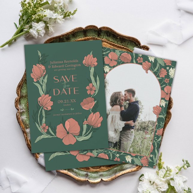 Reserve A Data Morris Terracota & Verde Floral Foto (Announce your special day in style with this exquisite photo Save the Date card.)