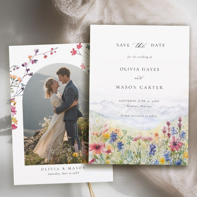 Reserve A Data Mountains Scene Rustic Meadow Wildflowers Wedding (mountains wedding save the date boho arch photo wildflowers meadow floral watercolor)