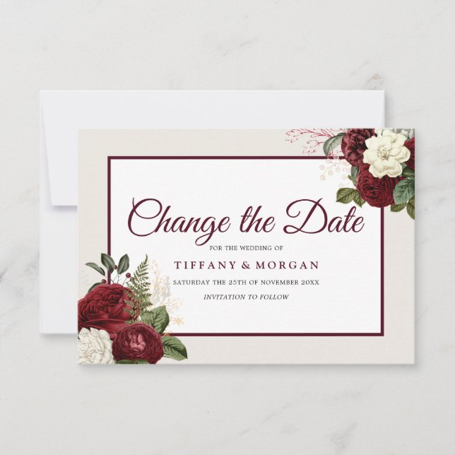 Reserve A Data Mudar a Data do Casamento Floral Burgundy Romântic (Frente)