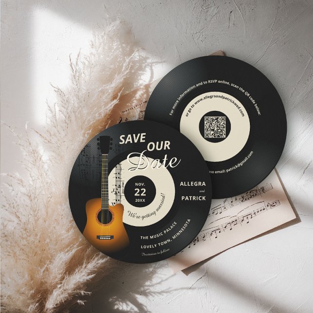 Reserve A Data Music Weding Save the Date Vinyl Festival Código Q (music wedding save the date musician vintage vinyl record partition notes guitar QR ecru black)