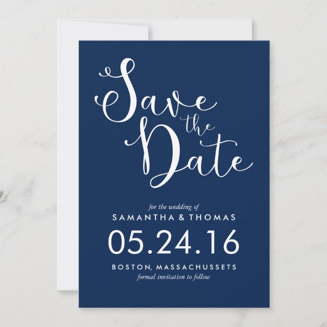 Reserve A Data Na moda Marinho Blue Script Weding Date (Salvar da (Frente)