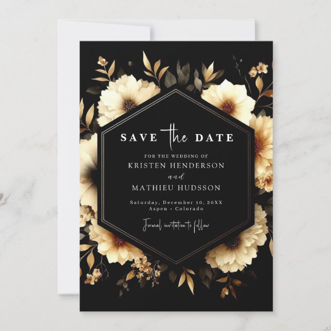 Reserve A Data Na moda moderno Dourado e Casamento Negro (Frente)