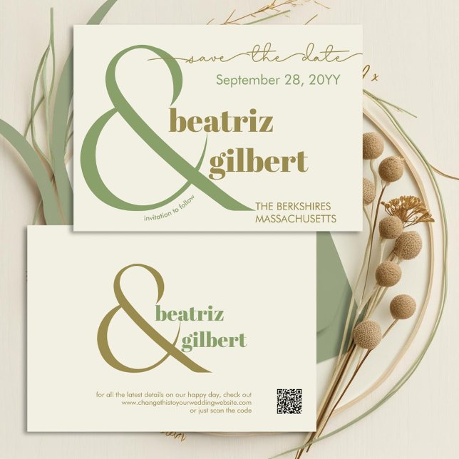 Reserve A Data Na moda Moss e Casamento Moderno Verde-Oliva (Modern elegance for your save the date with beautiful typography in shades of green and cream)