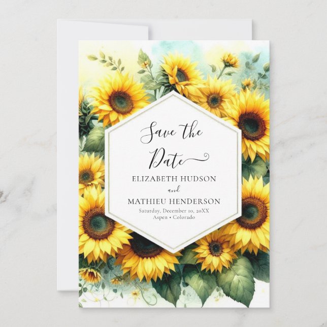 Reserve A Data Na moda Watercolor Sunflower Wedding (Frente)