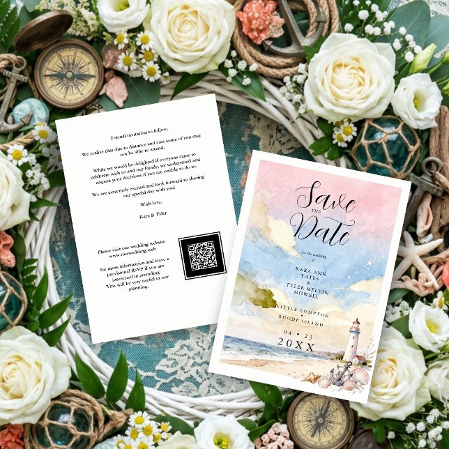 Reserve A Data Nautical Anchor & Seashells Coastal Scene Wedding (Nautical Anchor & Seashells Coastal Wedding Scene Save the Date Card with Watercolor Effect.)