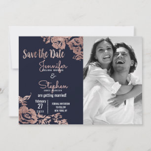 Reserve A Data Navy Azul e Rosa Dourado Floral Save the Date