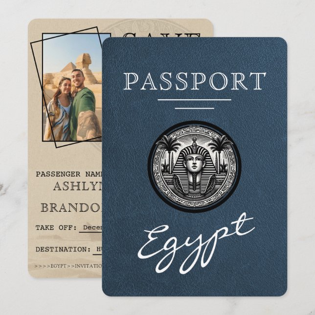 Reserve A Data Navy Blue Egypt Passport Wedding Save the Date (Frente/Verso)