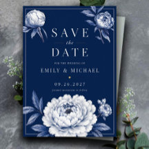 Navy Blue Floral Elegant White Peony