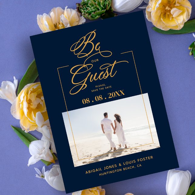 Reserve A Data Navy Blue & Golden Sophisticated Minimalist Photo  (Navy Blue & Golden Sophisticated Minimalist Photo Elegant Script Save the Date Card with Envelope.)