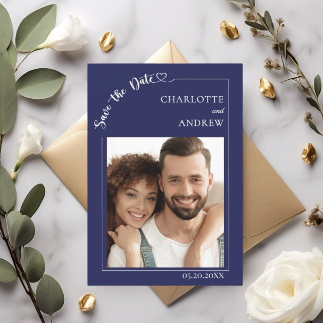 Reserve A Data Navy blue ivory photo wedding Save the Date (Criador carregado)