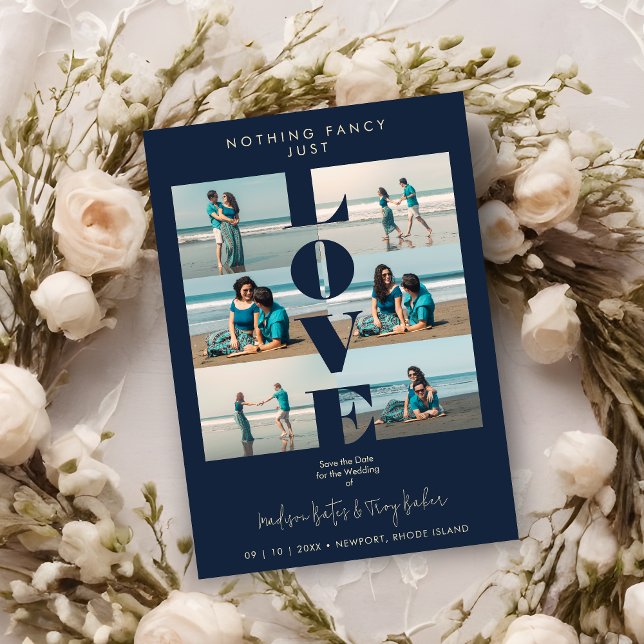 Reserve A Data Navy Blue Love Quote Simple Elegant  6 Multi Photo (Navy Blue Love Quote Simple Elegant Modern 6 Multi Photos Wedding Save the Date with Envelope.)