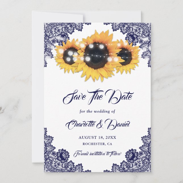 Reserve A Data Navy Blue Sunflower Floral Lace Rustic Wedding (Frente)