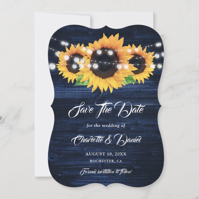 Reserve A Data Navy Blue Sunflower Wood String Lights Wedding (Frente)