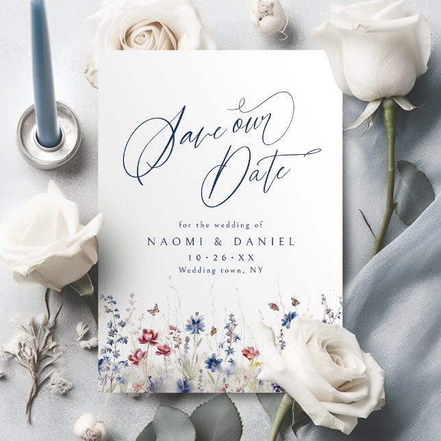 Reserve A Data Navy Blue Watercolor Wildflower Rustic Wedding (Navy Blue Watercolor Wildflower Rustic Wedding Save The Date)