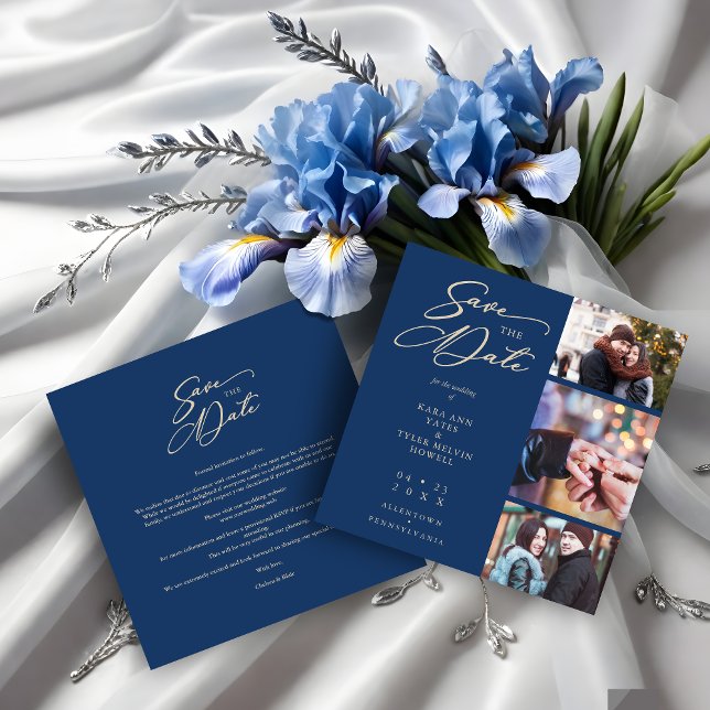Reserve A Data Navy Fancy Collage 3 Photos Couple Wedding (Navy Fancy Collage 3 Photos Couple Wedding Engaged Save the Date.)