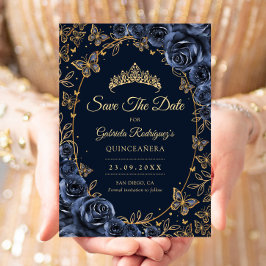 Reserve A Data Navy Gold Butterflies Roses Quinceanera