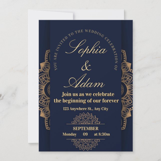 Reserve A Data Navy & Gold Mandala Invitation (Frente)