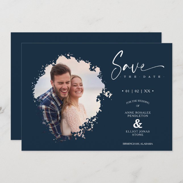 Reserve A Data Navy Modern Grunge Ink Effect Photo Engaged Couple (Frente/Verso)