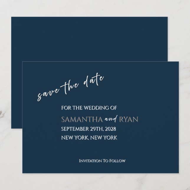 Reserve A Data Navy Save the Date com Metallic Prata (Frente/Verso)
