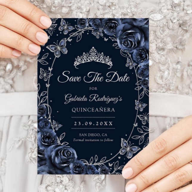 Reserve A Data Navy Silver Butterflies Roses Quinceanera (Criador carregado)