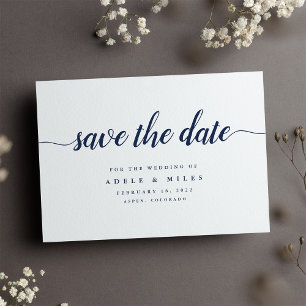 Reserve A Data Navy & White Calligraphy Save the Date Card