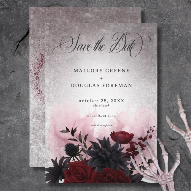Reserve A Data Negra Gótica e Casamento de Caveira e Aranha (Gothic Black & Burgundy Skull & Spider Wedding Save The Date Card)