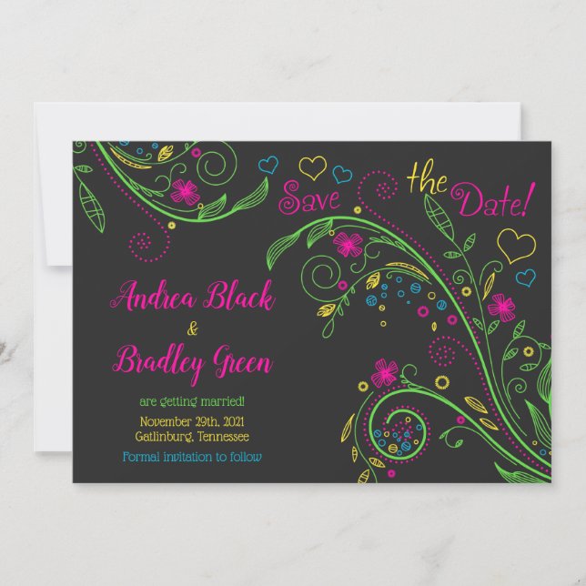Reserve A Data Neon Doodle Floral Casamento Salve a Data (Frente)