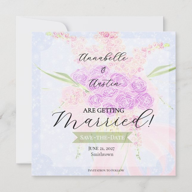 Reserve A Data No Azul - Buquê de laço rosa translúcido doce (Frente)