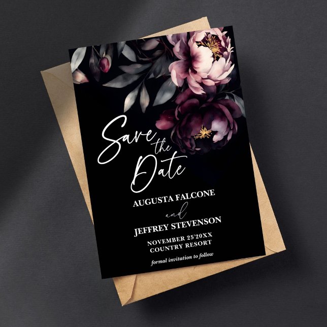 Reserve A Data Nó escura, elegante e peonias burgundy (Dark moody noir elegant burgundy peonies save the date card editable template digital download)
