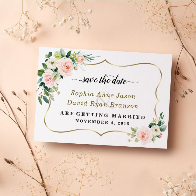 Reserve A Data Noiva Caligrafia Flores Marfim Rubor Charme (trendy save the date wedding, floral save the date wedding, elegant pink flowers save the date)