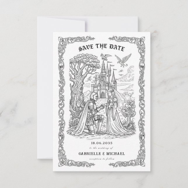 Reserve A Data Noiva Cavaleiro Preto Branco Castelo Casamento Gót (Frente)