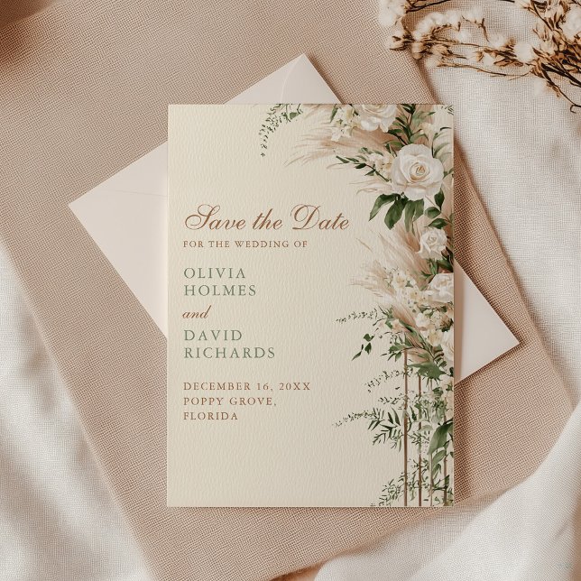 Reserve A Data Noiva de Grama Pampas e Rosa Branca Boho (Boho Pampas Grass & White Rose Wedding Save The Date with an envelope on an elegant table)
