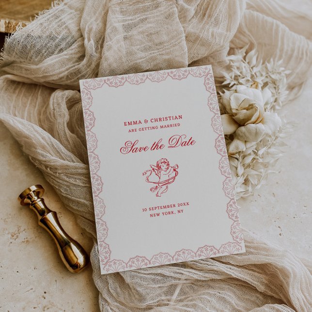 Reserve A Data Noiva de Renda com Bordas Cherub Casamento Vintage (Criador carregado)