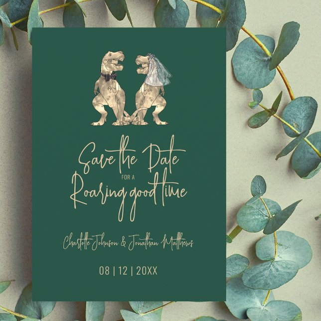 Reserve A Data Noiva Dinossauro Engraçado e Casamento de Noite (Funny Dinosaur wedding save the date invitation Fun T-Rex bride and groom elegant modern script )