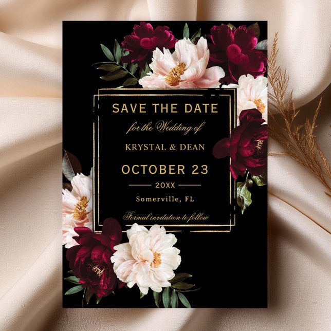 Reserve A Data Noiva Floral Preta com Bege Burgundy Sombrio (dark moody blush burgundy peonies floral flowers black gold wedding save the date printed cards file)