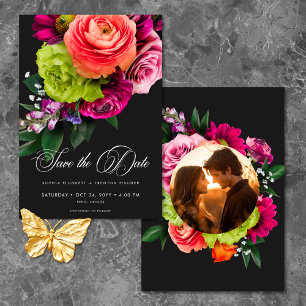 Reserve A Data Noiva Luxuosa Floral Vibrante Rosa Preto Foto Casa