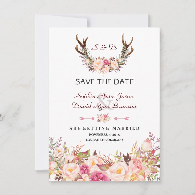 Reserve A Data Noiva Rosa Charm Floral Antílope Casamento (Frente)