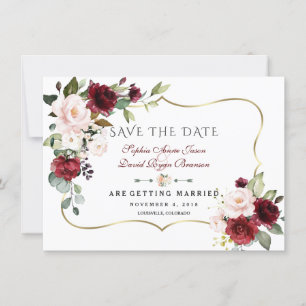 Reserve A Data Noivado Burgundy Blush Flores Moldura Dourada Casa